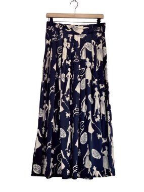 Vtg Pleated Skirt Black Midi L by Billie Martin Ladies Fashion Novelty Print USA